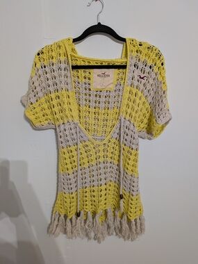 Hollister Yellow and Cream Crochet Swim Coverup